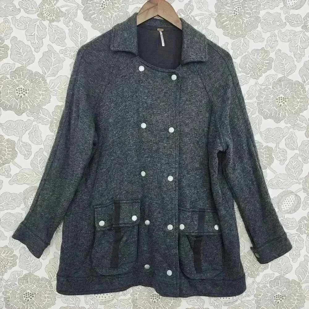 Free People Linen Blend Womens XS Gray Double Breasted Coat Jacket With Pockets